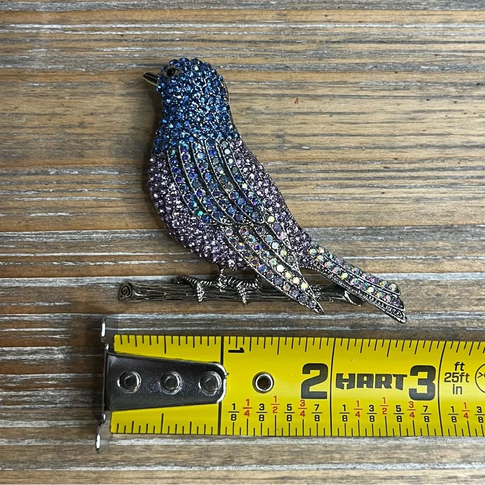 Beautiful Blue & Purple Rhinestone Bird on a Branch Brooch